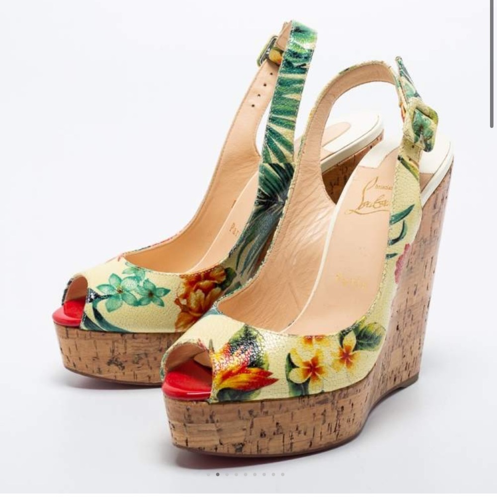 Christian Louboutin Multicolor Floral Print Leather Cork Wedge Pumps
